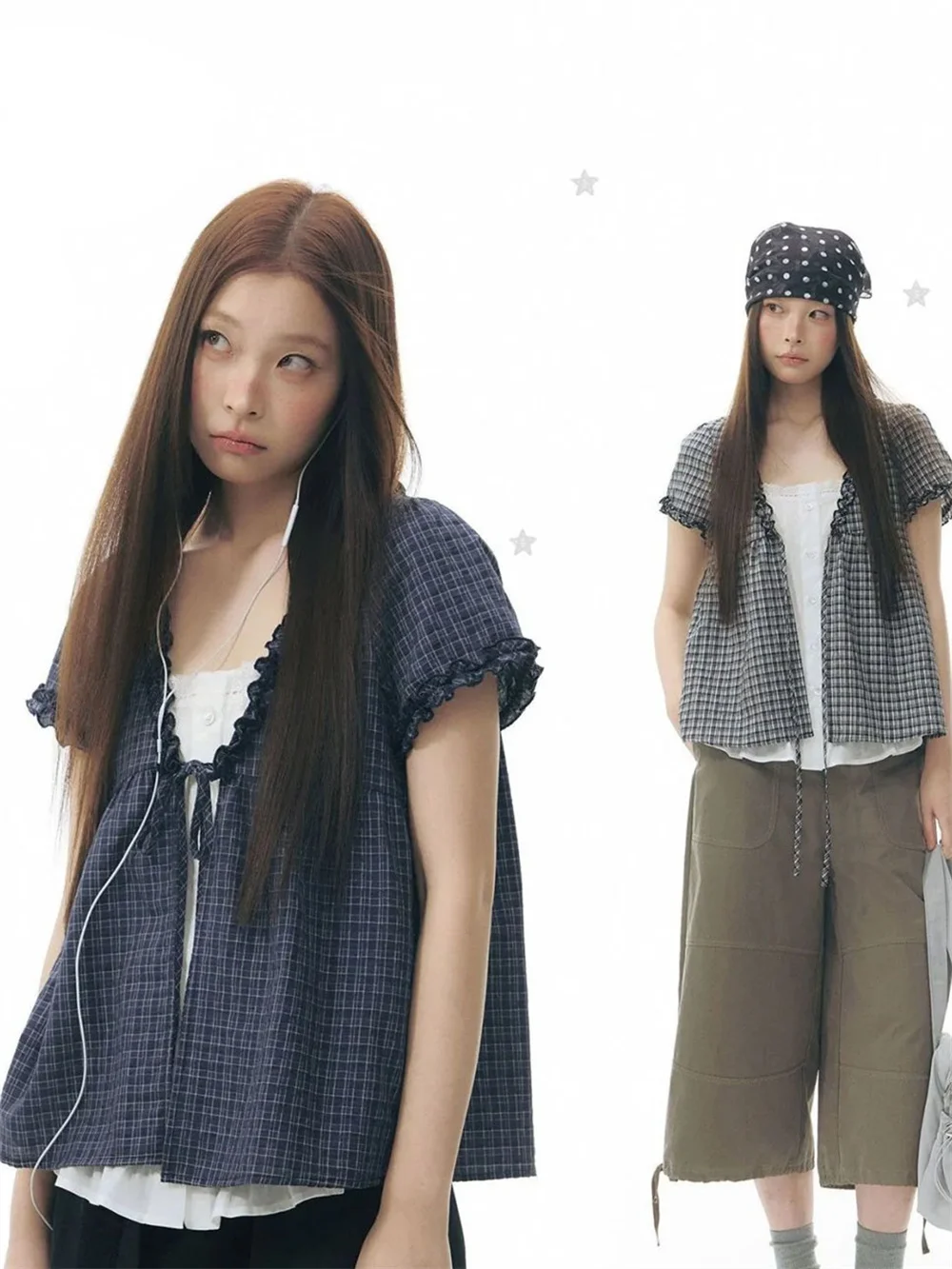Y2K Plaid Blouse Women Ruffle Trim Lace Trim Short Sleeve Tie Front Summer Casual Sweet Cute Kawaii Tops Fashion Aesthetic Shirt