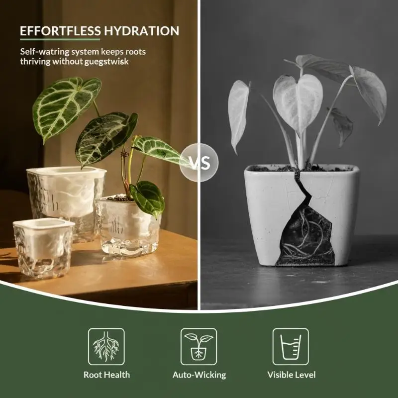 Thickened Clear PET Self Watering Plant Pot Glacier Texture Shatterproof For Indoor Houseplants Home Decor