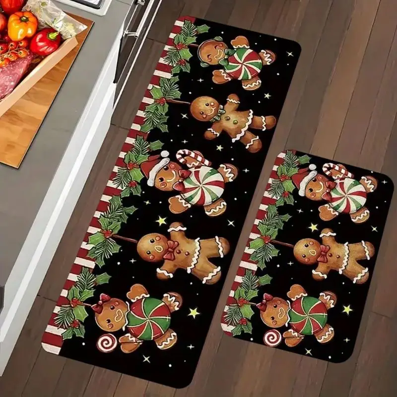 VIKAMA Christmas Kitchen Mat Hanging Gingerbread Man Holly Candy Cane Print Durable Rug For Kitchen Dining Room Hallway Decor