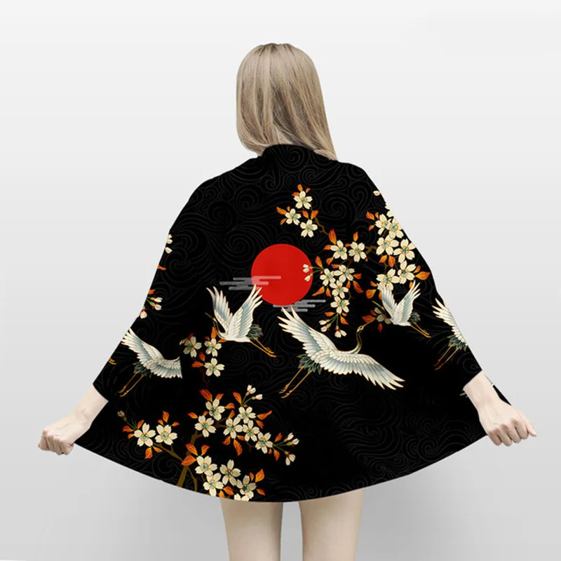 

Crane Print Haori Kimono Harajuku Japanese Style Oversize Men Samurai Costume Yukata Asian Cardigan Women Clothing