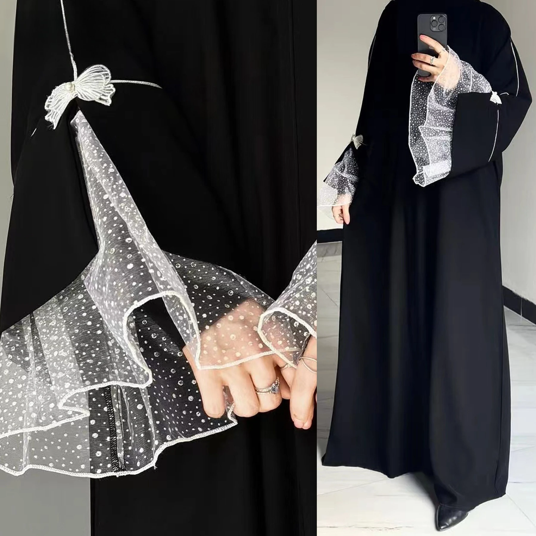 

Turkish Lace Abaya Dress Long Robe Islamic Women Outerwear Modest Fashion Muslim Clothing Embroidery Long Sleeve