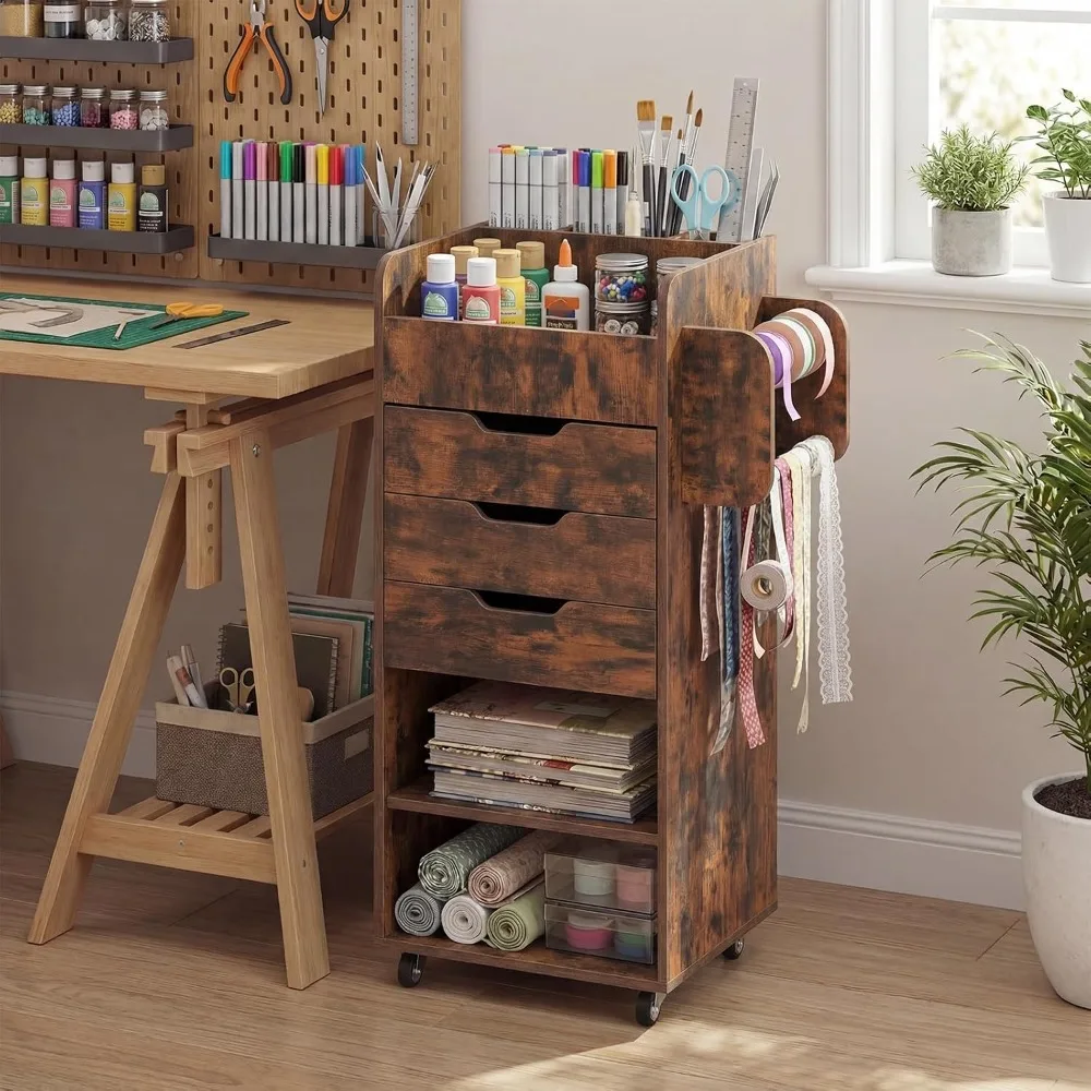 Craft Storage Cart with 3 Drawers 3 Shelves Rolling Organizer for Wrapping Paper Scrapbook Ribbon