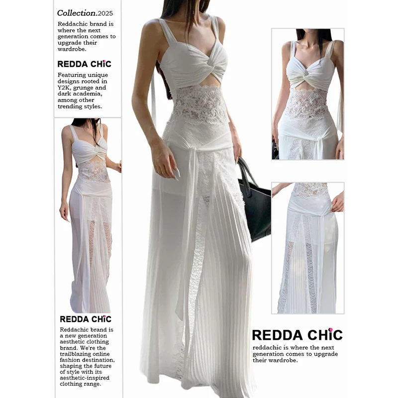 

Комплект ReddaChic: топ-бандо с лентами и длинная юбка, летний комплект с корсетом, кружевной топ-камизол, струящаяся плиссированная юбка, летняя женская одежда в стиле фейрикор