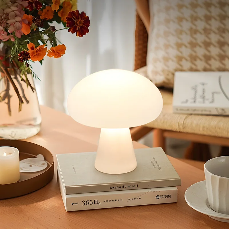 Nordic Cream Mushroom Table Lamp for Bedroom Study, Rechargeable Vintage Desk Light for Living Room, Warm Ambience Home Decor