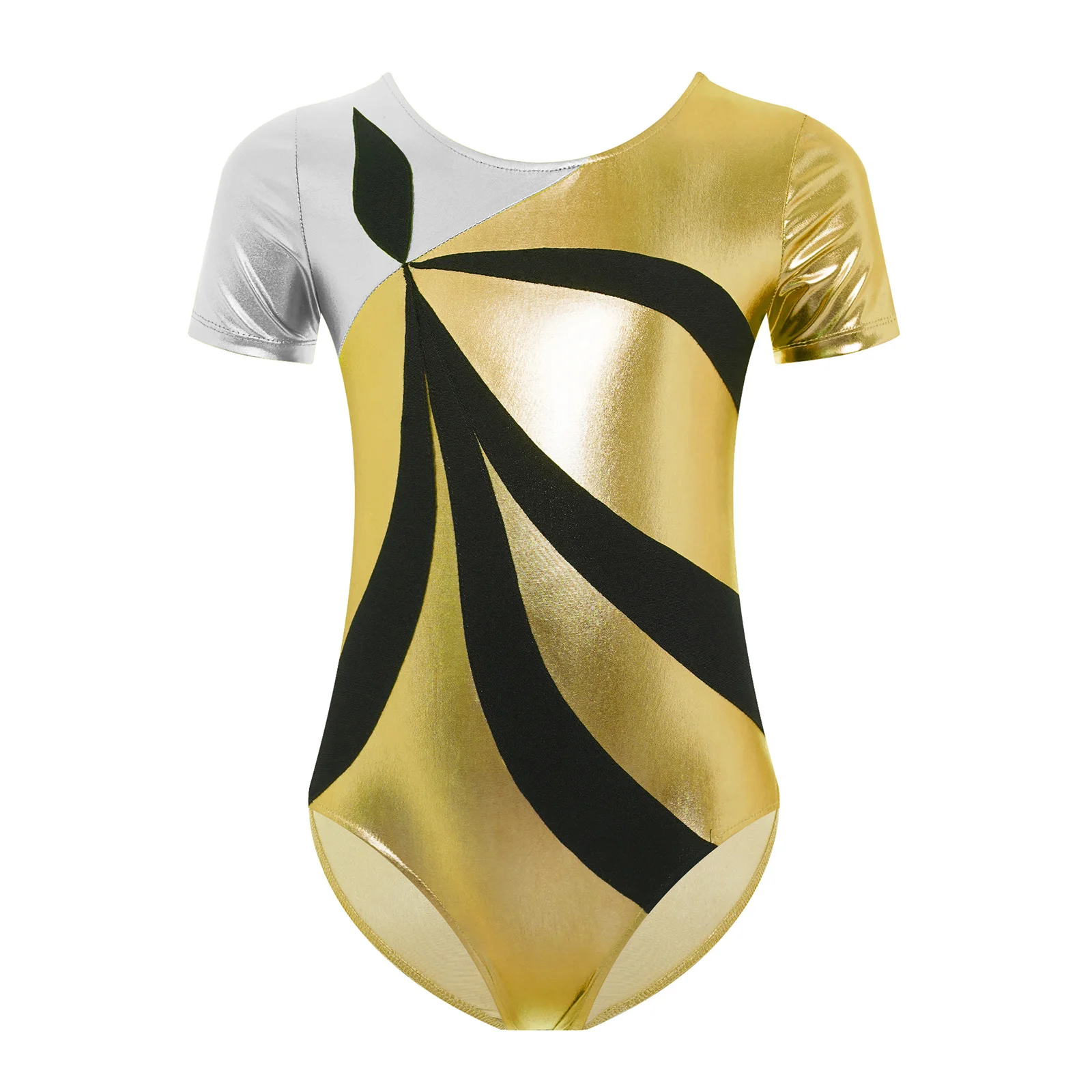 Kids Girls Ballet Dance Gymnastic Leotard Round Neck Short Sleeve U Back Color Block Shiny Metallic Bodysuit Unitard Activewear