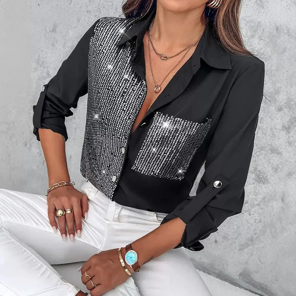 Roll Tab Sleeve Button Down Contrast Sequin Shirt Women Summer Fashion Casual Shirt Top Blouse