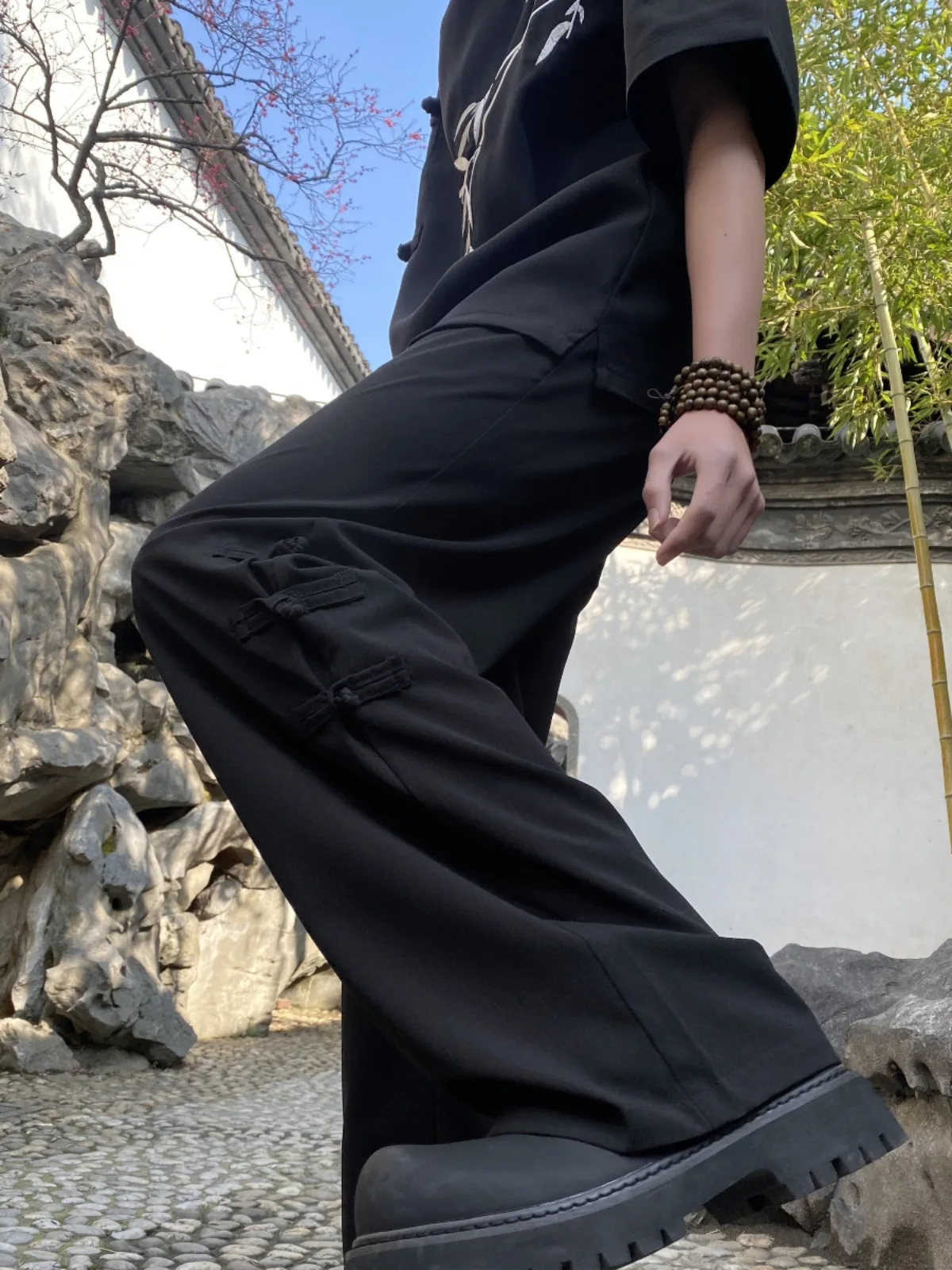 New Chinese style disc button pants men's summer new high-grade sag loose straight wide leg casual pants