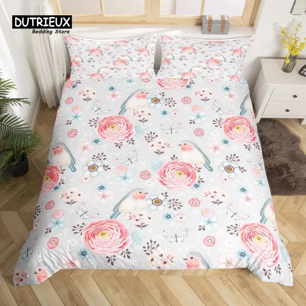 Lovely Bird Duvet Cover Set King Size Spring Floral Butterfly Bedding Set Microfiber Watercolor Garden Flower Comforter Cover