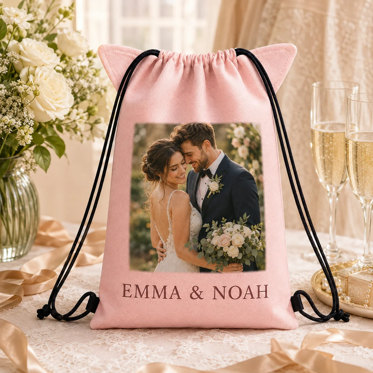 Custom Image Drawstring Backpack with Ears Upload Your Picture Personalized Text Print Customized Ear String Bag for Kids Adults