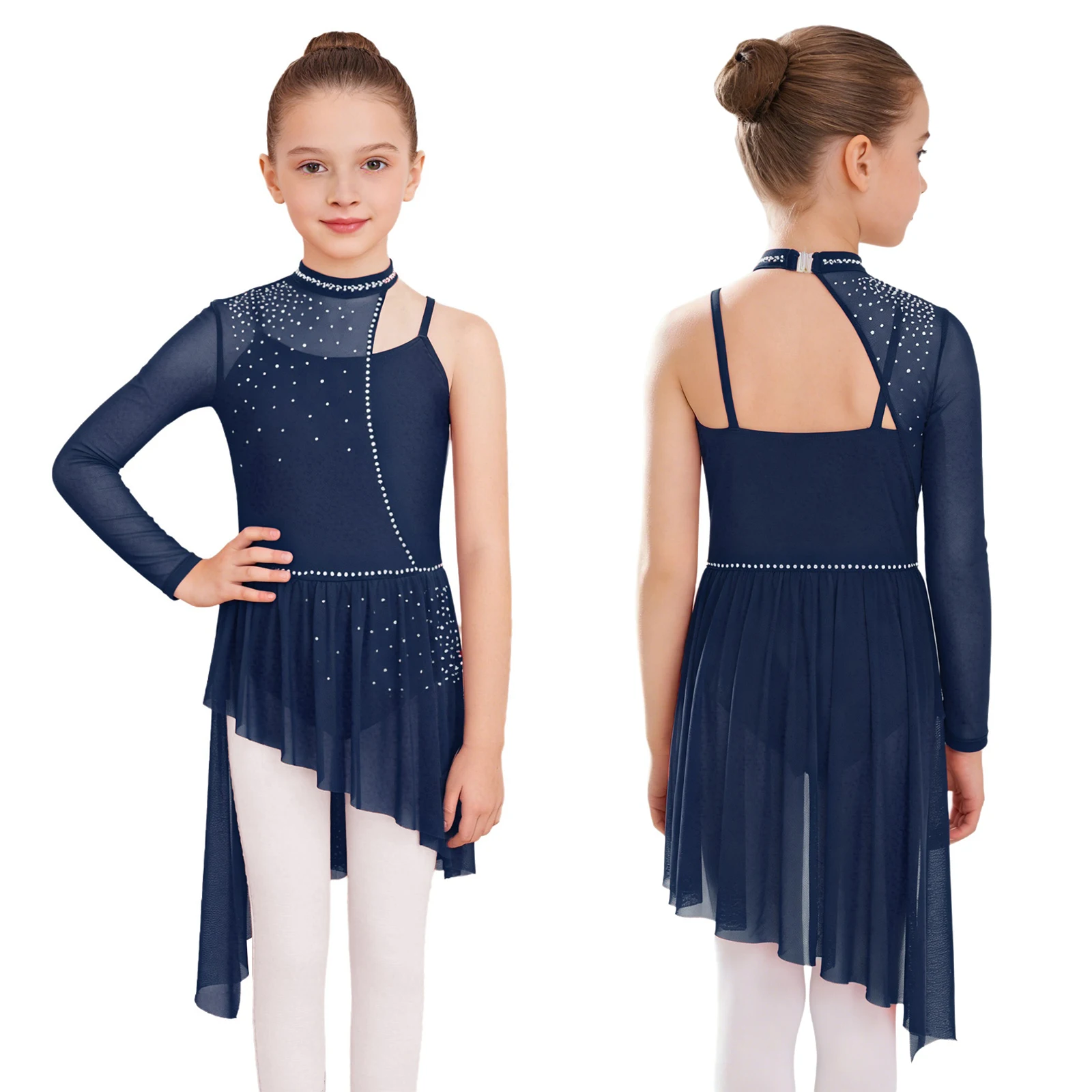 Kids Girls Modern Lyrical Dance Performance Costume Rhinestone Mesh Figure Skating Gymnastic Acrobatics Ballet Leotard Dress