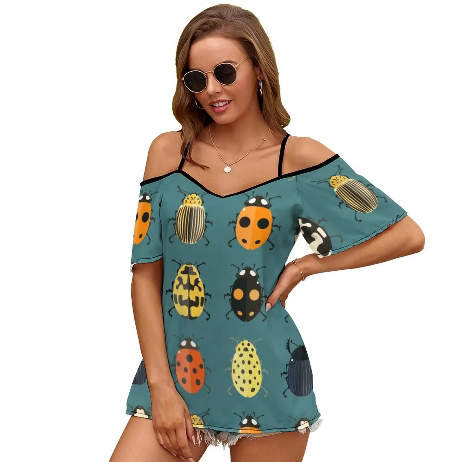 

Cute Bugs. Slit Sleeve Cold Shoulder Print Women T Shirt Casual Summer Tee Tshirt Loose Top Bug Colorado Ladybird Scarab Insect