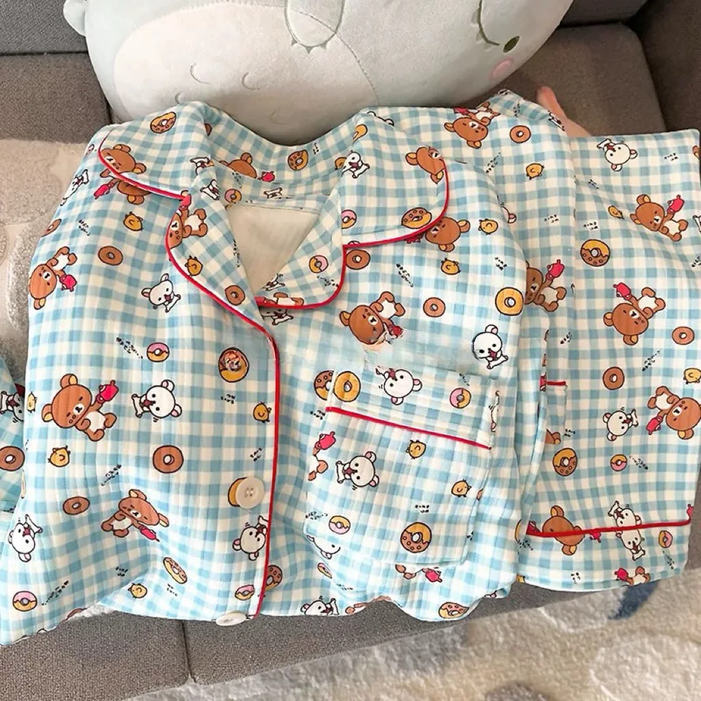 

2pcs Kawaii Rilakkuma Pajamas Long Sleeves Long Pants Sleepwear Cotton Cute Cartoon Anime Student Home Clothes Girls Gifts Toys