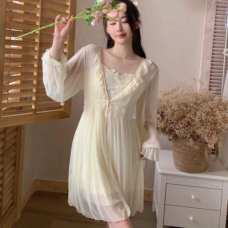Twinset Robe Set Bride Mesh Bathrobe Gown Sleep Suit Women Nightgown Kimono Lingerie Summer Sleepwear Home Dress Loungewear