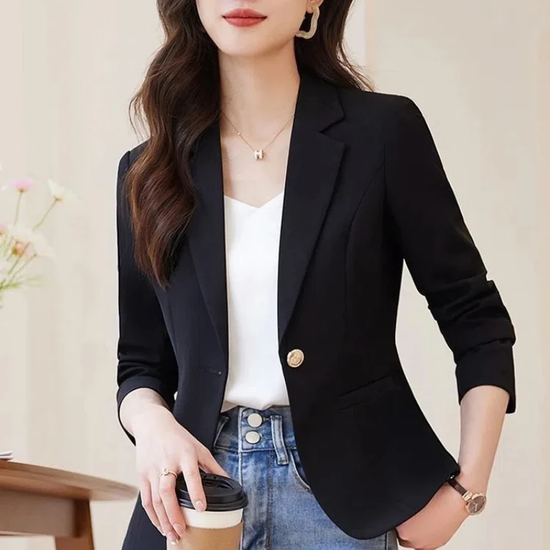 Women\'s Clothing Turn-down Collar Blazer Solid Color Button Up Cardigan Spring Autumn Shirt Coats Suits Office Lady Chic Tops