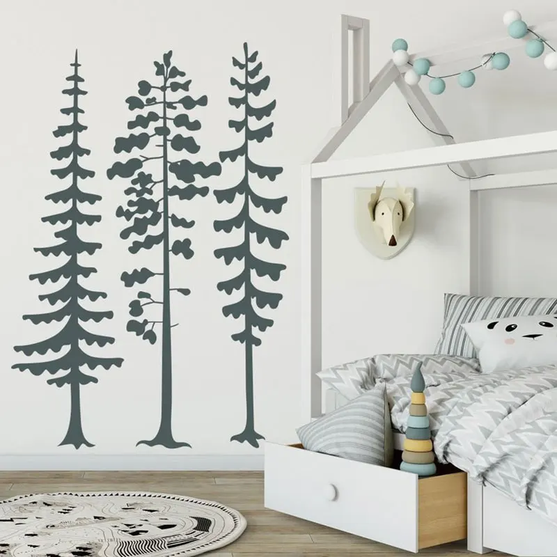 Minimalist Forest Pine Tree Wall Decal Natural Woodland Vinyl Wall Sticker Baby Nursery Kids Room Bedroom Home Wall Art 3A59