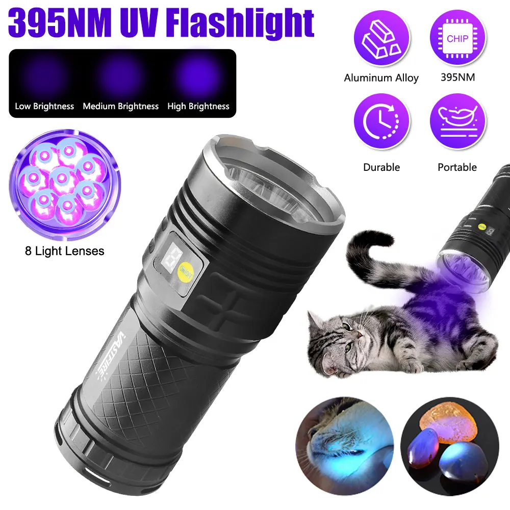 160W UV Flashlight 365nm/395nm Black Mirror Torch Super Bright UV Flashlight 8 core Violets Ultraviolet Torch For Pet Stains