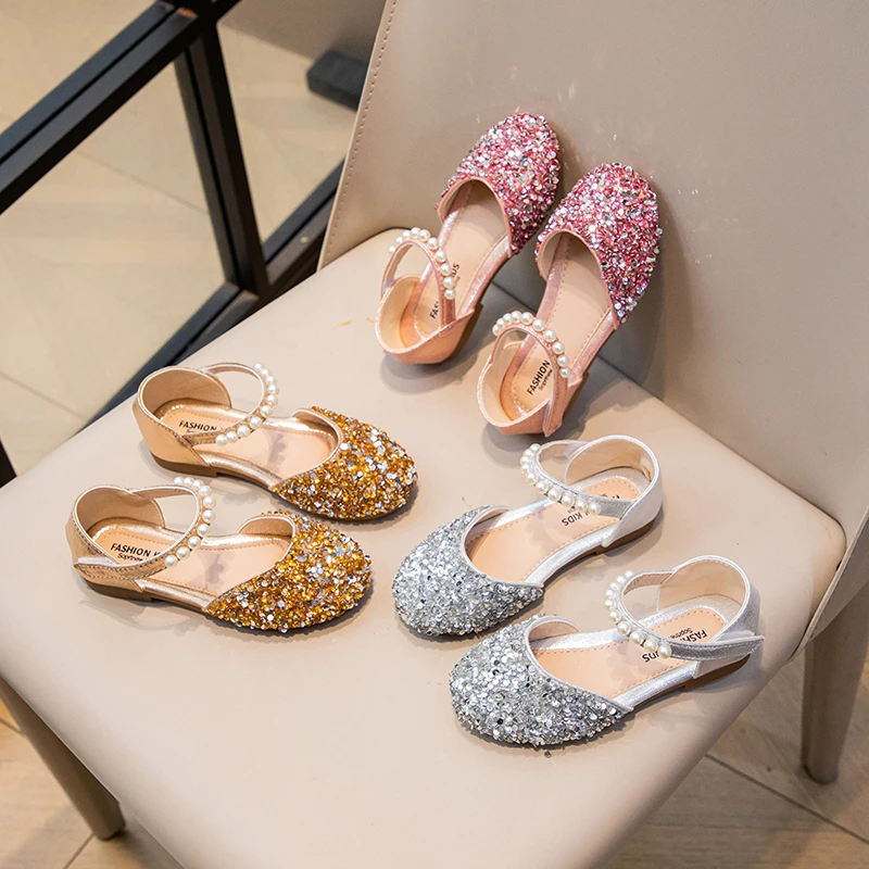 

Spring Girl's Princess Shoes Bling Pearl Charming Kid's Flat Shoe Solid Colors Exquisite Fashion Sweet Children Shoes 7-12Y