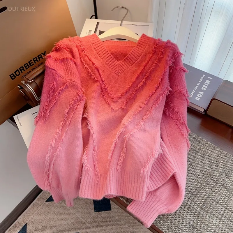 Fashion High End V Neck Long Sleeve Punk Loose Sweater Y2k Aesthetic Gradient Vintage Tassel Pullover Harajuku Lazy Jumper