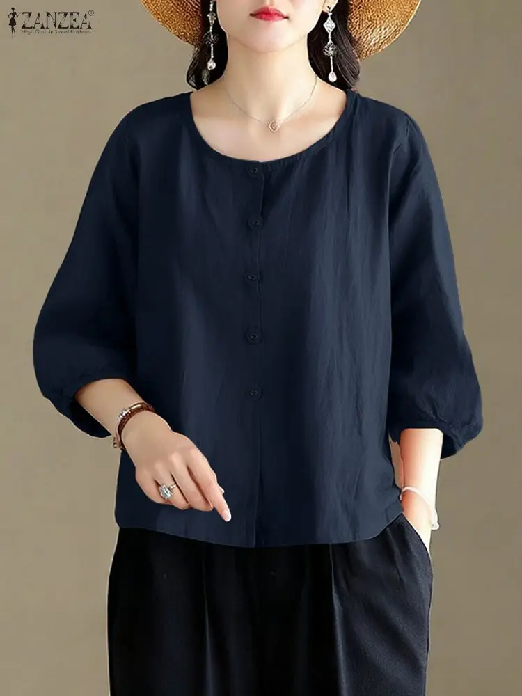 2025 Women Vintage O Neck Long Sleeve Blouse ZANZEA Autumn Shirts Female Cotton Tops Buttons Blusas Elegant Solid OL Work Shirt