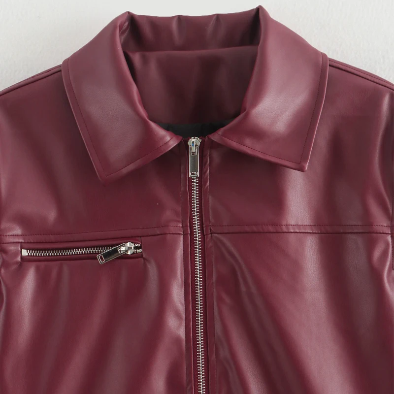 TRAF Faux Leather Jacket Odzież wierzchnia 2024 Damska kurtka jesienno-zimowa Winered Coat Ladies Fashoin Streetwear Płaszcz z długim rękawem