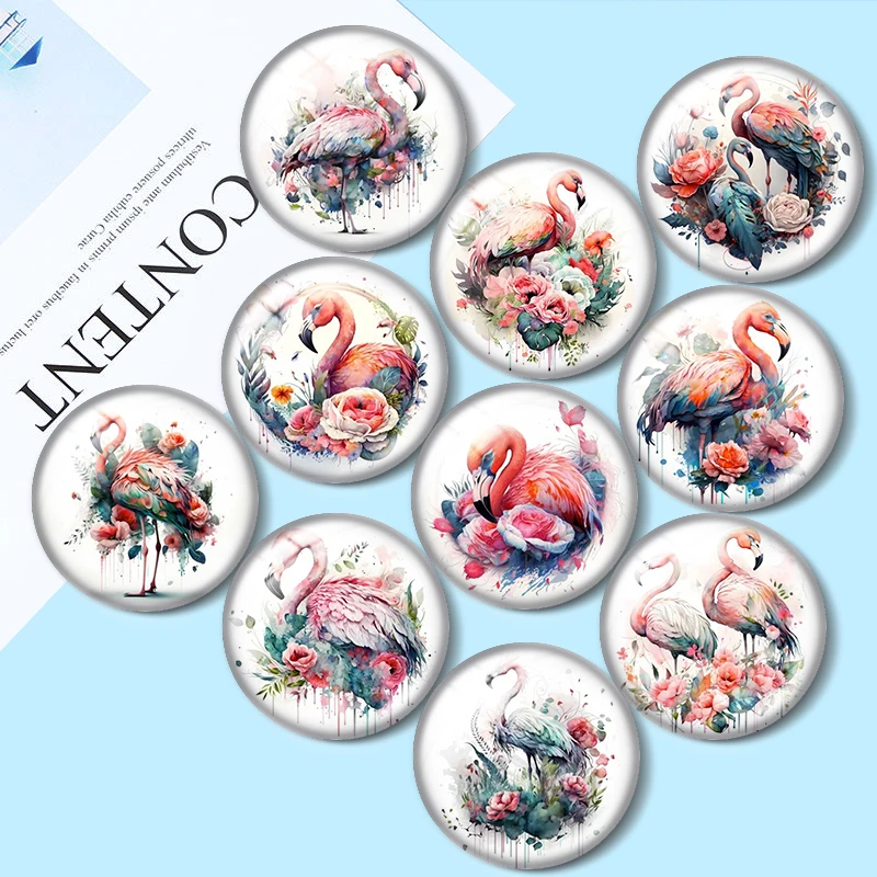 Photos of Flamingo Flowers  Art 10pcs 12mm/16mm/18mm/25mm Round Photo Glass Cabochon Demo Flat Back Making findings