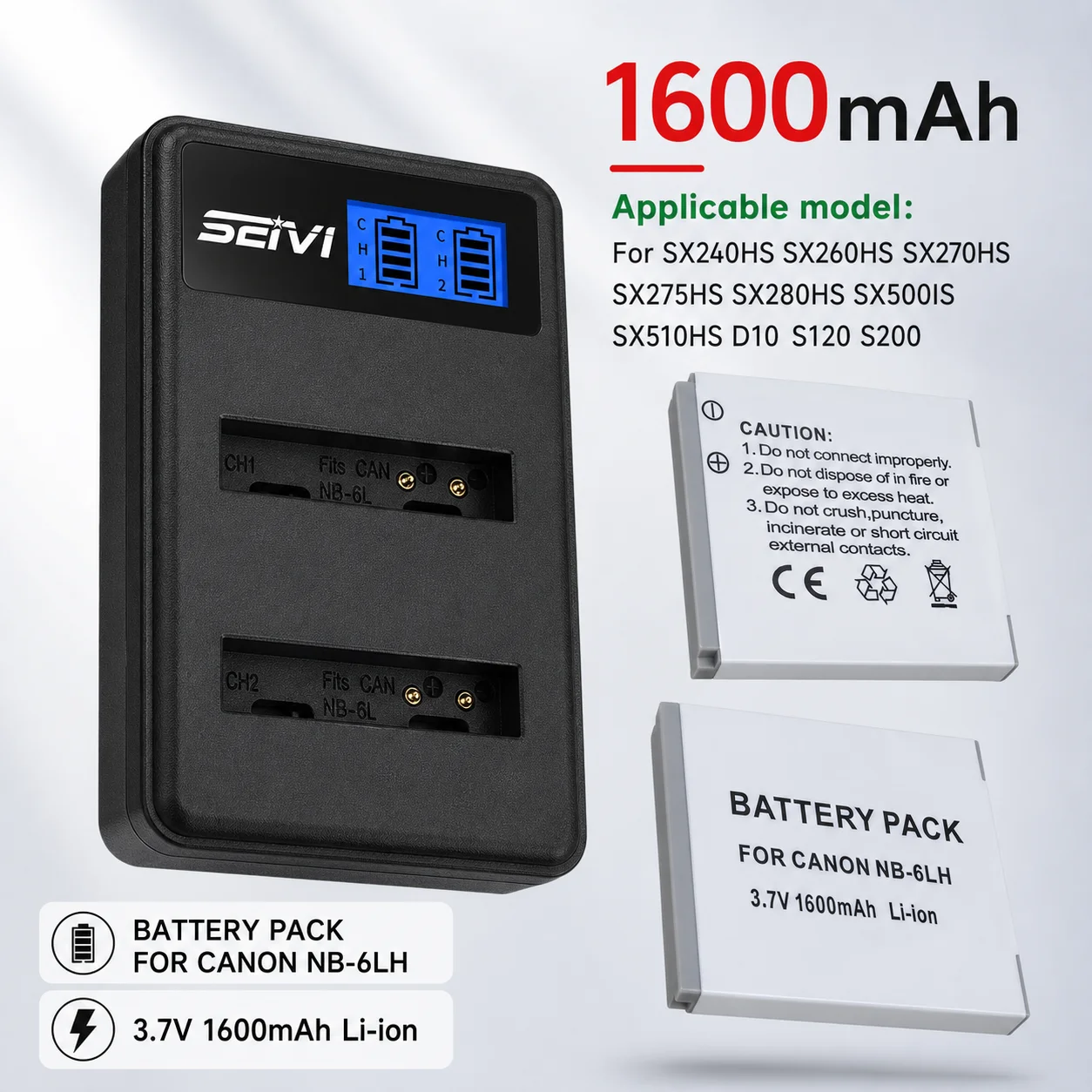 NB-6LH Charger with NB-6L Battery Replacement Set For Canon PowerShot SX700 SX710 S120 S110 SX170 IS S95 SX530