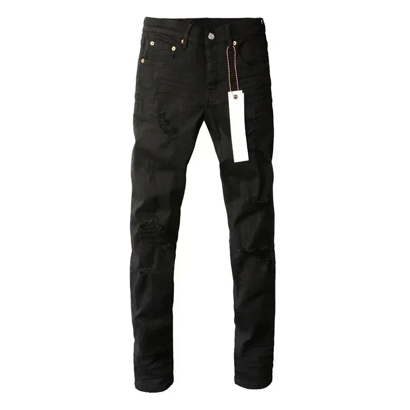 High Street Purples Jeans da uomo Fashion Black distressed Fashion riparazione di alta qualità pantaloni Skinny in Denim a vita bassa