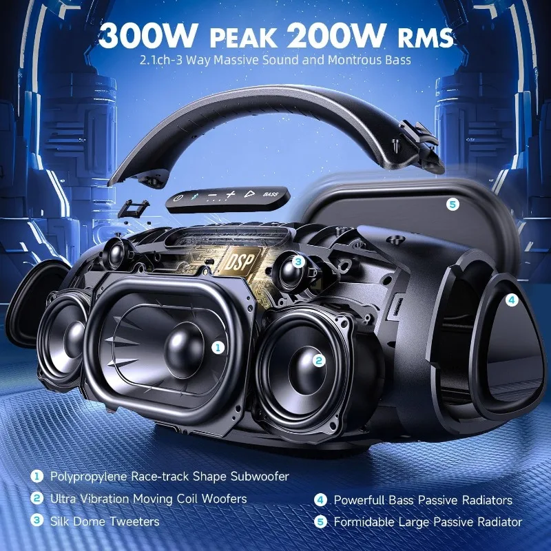 300W Peak 200W RMS Portable Bluetooth Speakers, Massive Bass Party Boombox IPX7 Waterproof Bluetooth Speaker Large