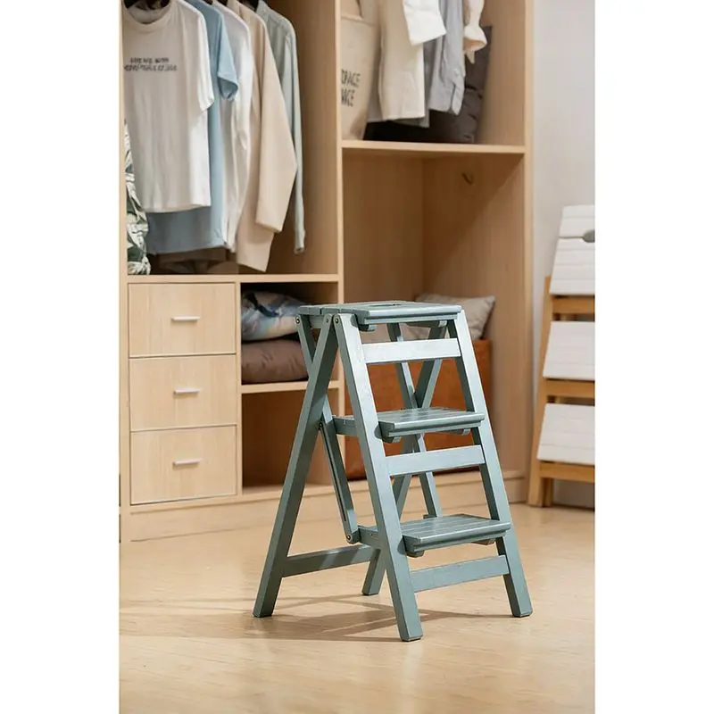 Step Stool Foldable 3 Step Wooden Blue-Gray Space-Saving Multi-Use Step Ladder For Home Kitchen Adults