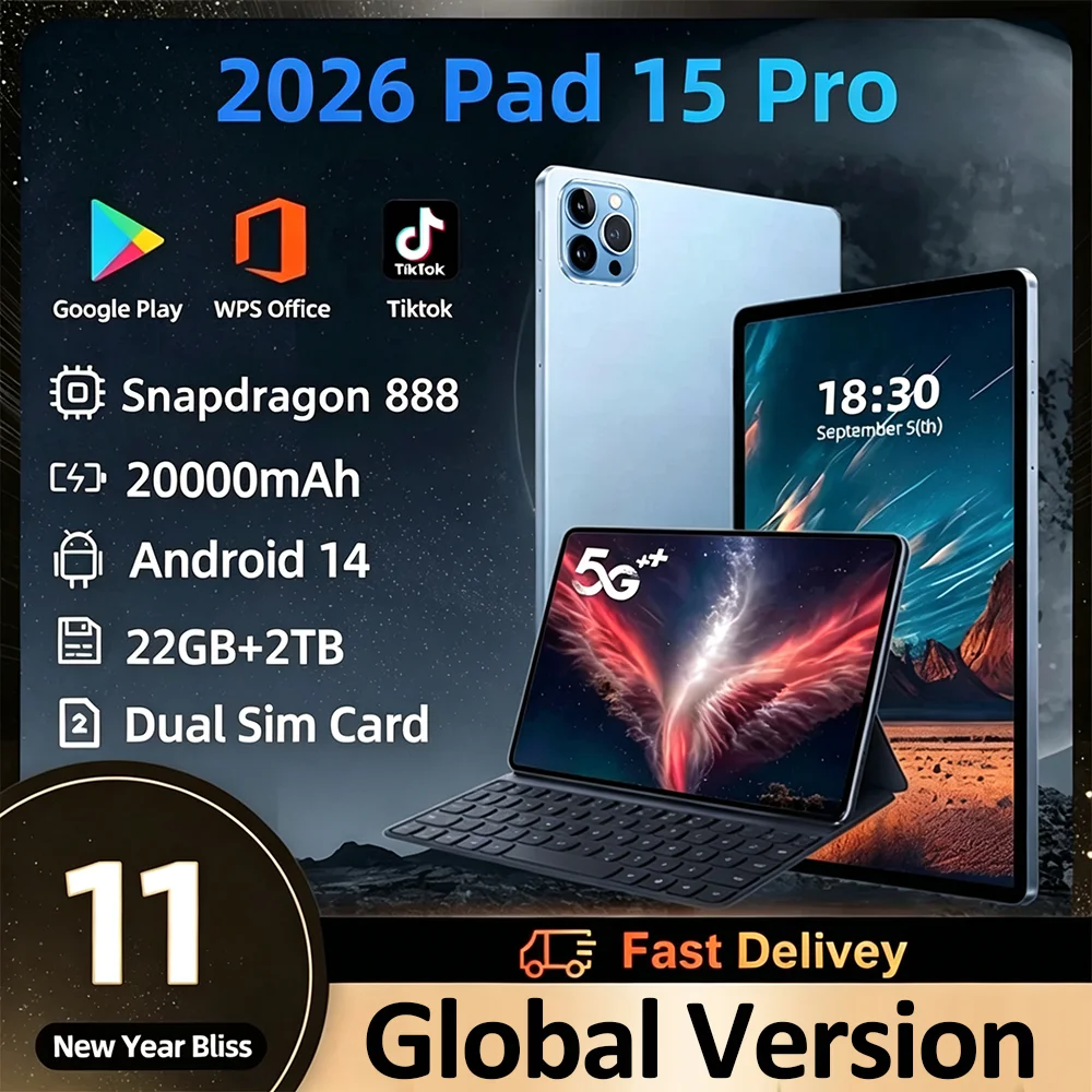 Планшет 2026 Pad 15 Pro на Android 14, Snapdragon 888, 22 ГБ+2 ТБ, 20000 мАч, 5G, две SIM-карты, Wi-Fi, HD 4K, для игр, оригинальный планшет на Android