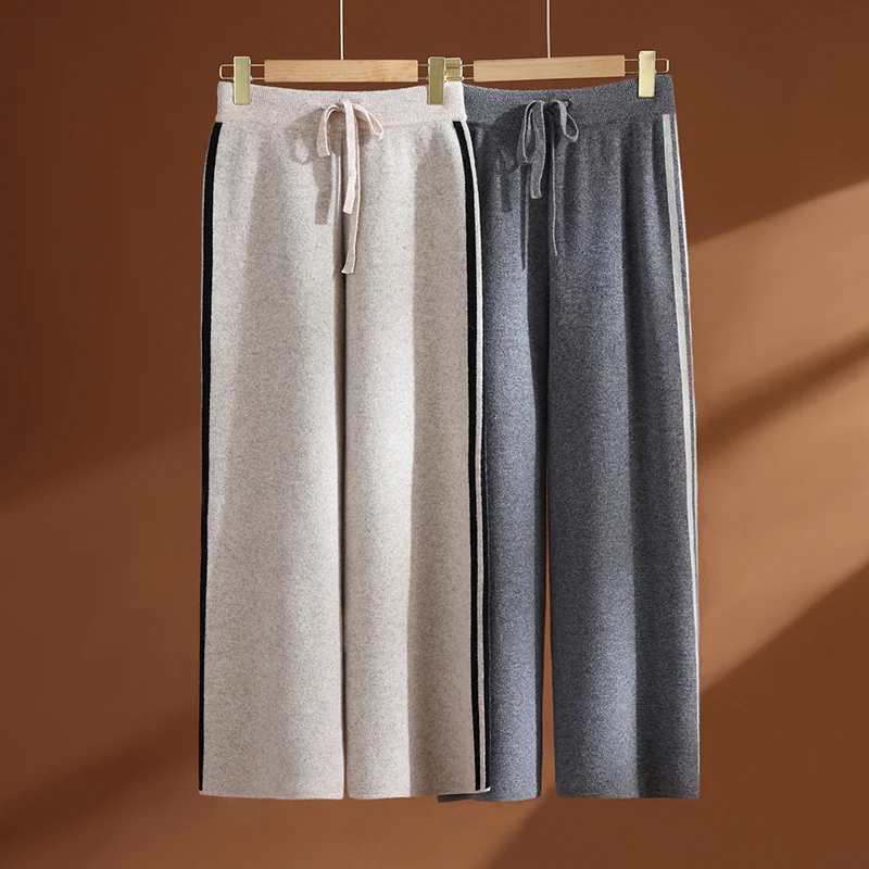 New Fashion Women 100% Merino Wool Pants Casual Autumn Winter Thick Warm Knitted Straight Trousers Side Stripe Wide Leg Pants