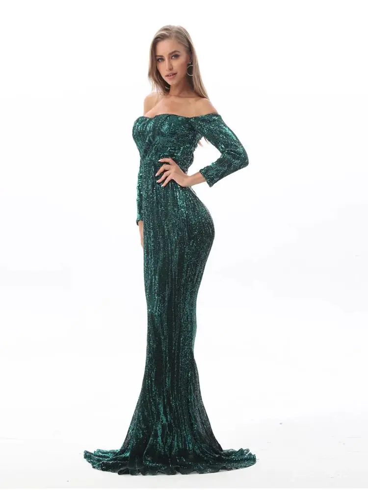 Romagic Green Shiny Off The Shoulder Mermaid Wedding Party Long Sleeves Evening Dress Sequin Stretchy Women Celebrity Dresses