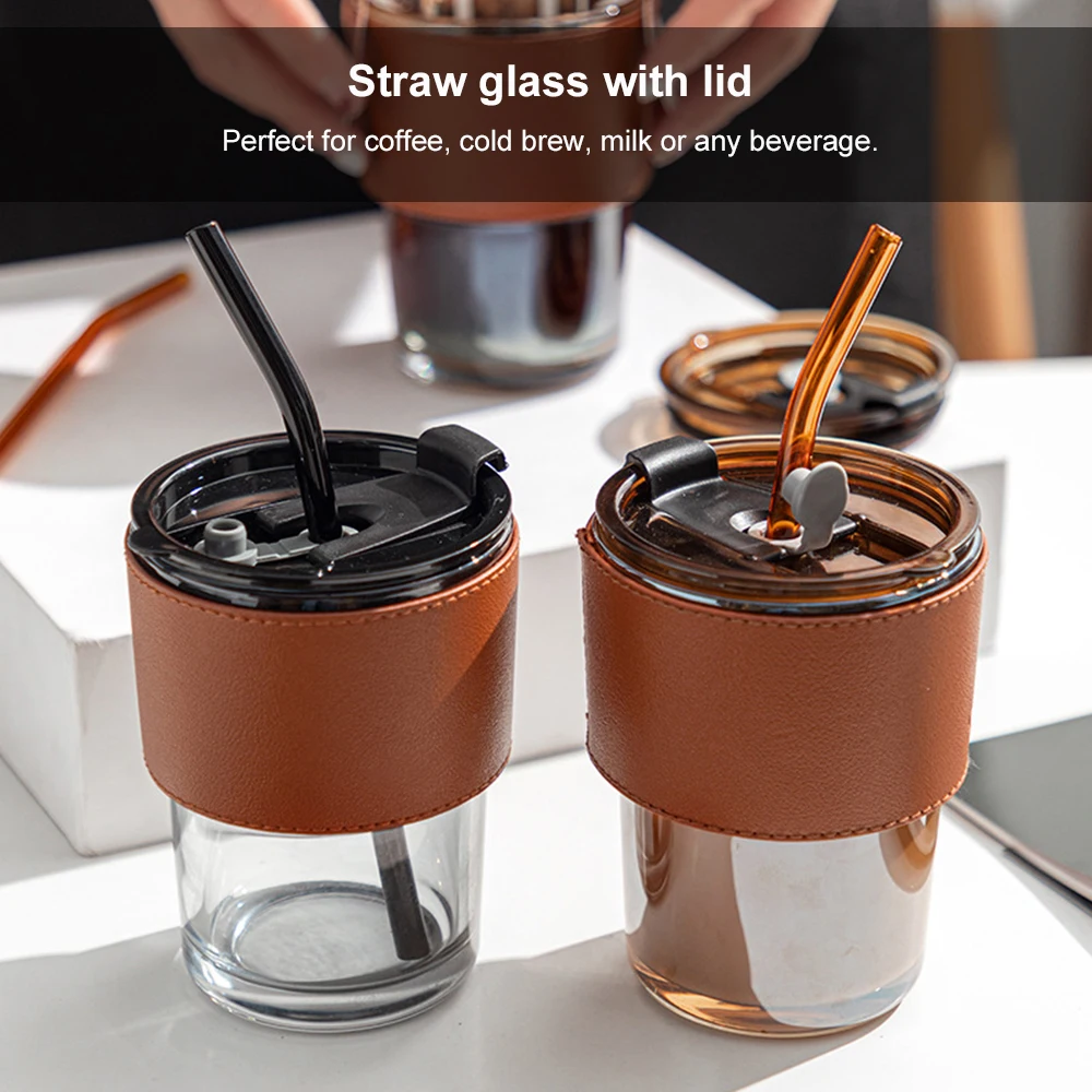 400mL Glass Cup Heat Resistant Glass Straw With Cover Coffee Cup Leak Proof Cup Tea Cup Leather Cup Set Tableware Mug