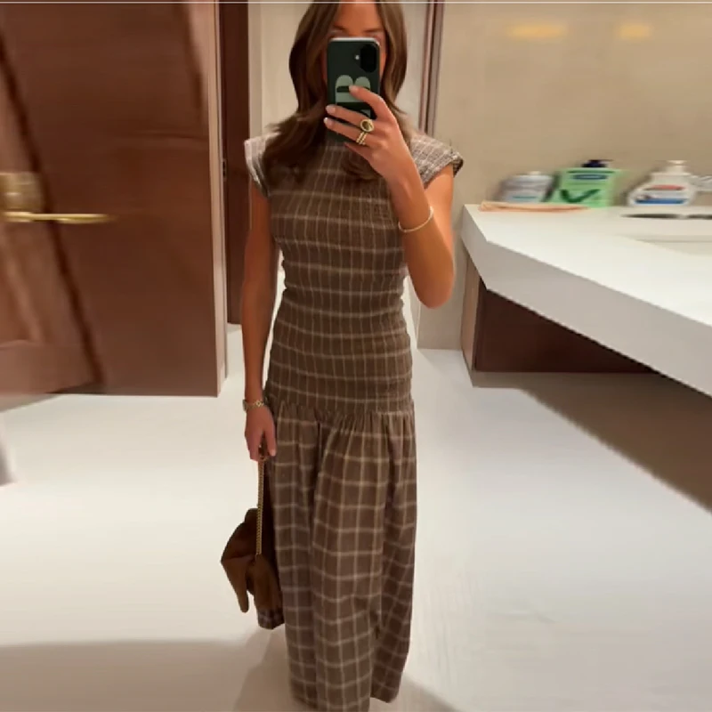 Vintage xadrez midi vestido smocked corpete manga boné em camadas design retro xadrez fino ajuste feminino escritório chique outono commuter wear