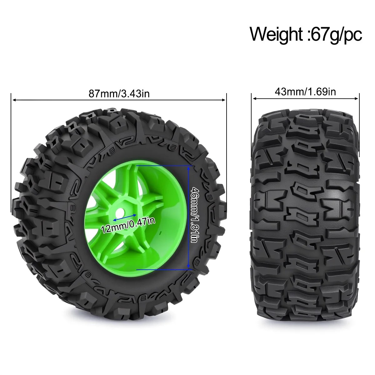 4Pcs 87mm Rubber Tires Wheels 12mm Hex For 1/14 1/16 1/18 RC Car Monster Truck MJX WLtoys Upgrade Parts