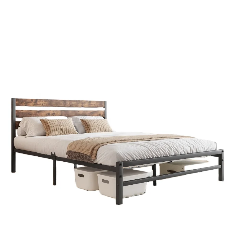 

#Queen Platform Metal Bed Frame with Wooden Headboard & Sturdy Metal Slats for Apartment Hotel or Bedroom Mattress Base Support