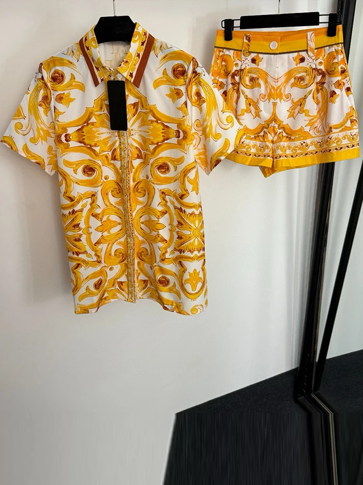 Retro summer new two-piece skirt lapel single-breasted short-sleeved printed shirt high waist shorts fashion women's suit