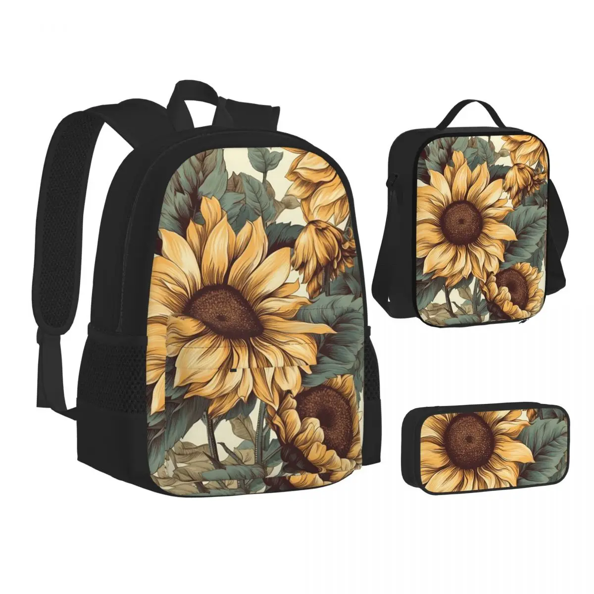 

Golden Sunflower Cluster Vintage Botanical Backpacks Bookbag School Bags Children Rucksack Lunch Bag Pen Bag Three-Piece Set