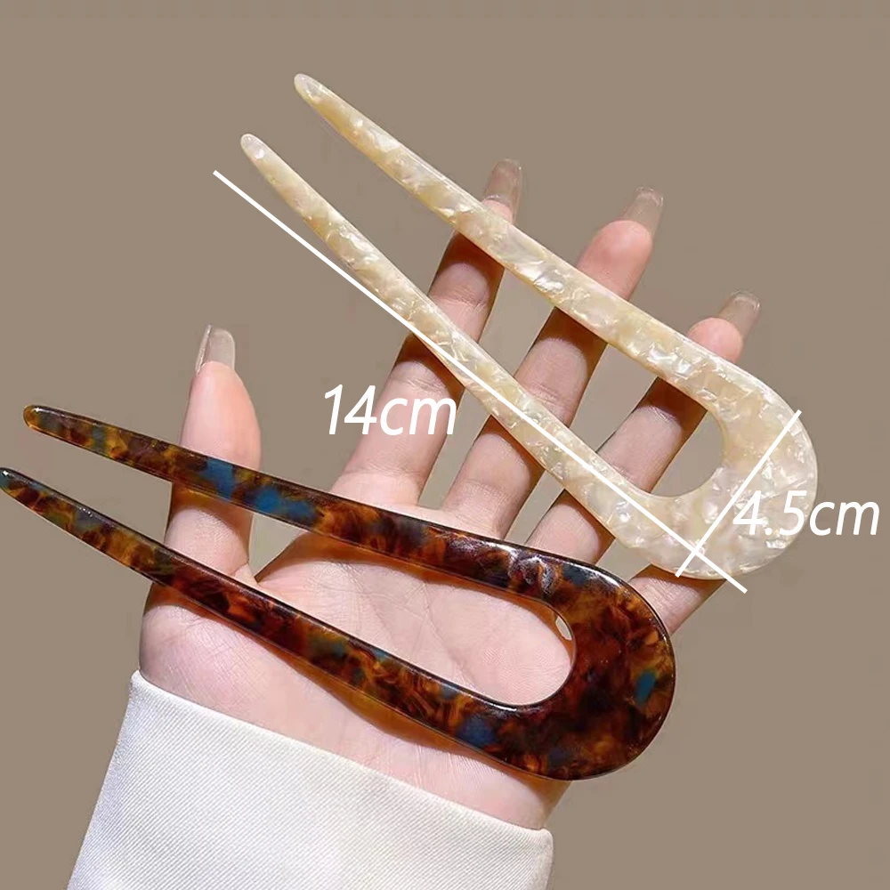 Simple U-Shaped Hairpins Leopard Print Acetate Geometric Hair Fork Stick For Bun Maker Women Girls DIY Vintage Hairstyle Tools