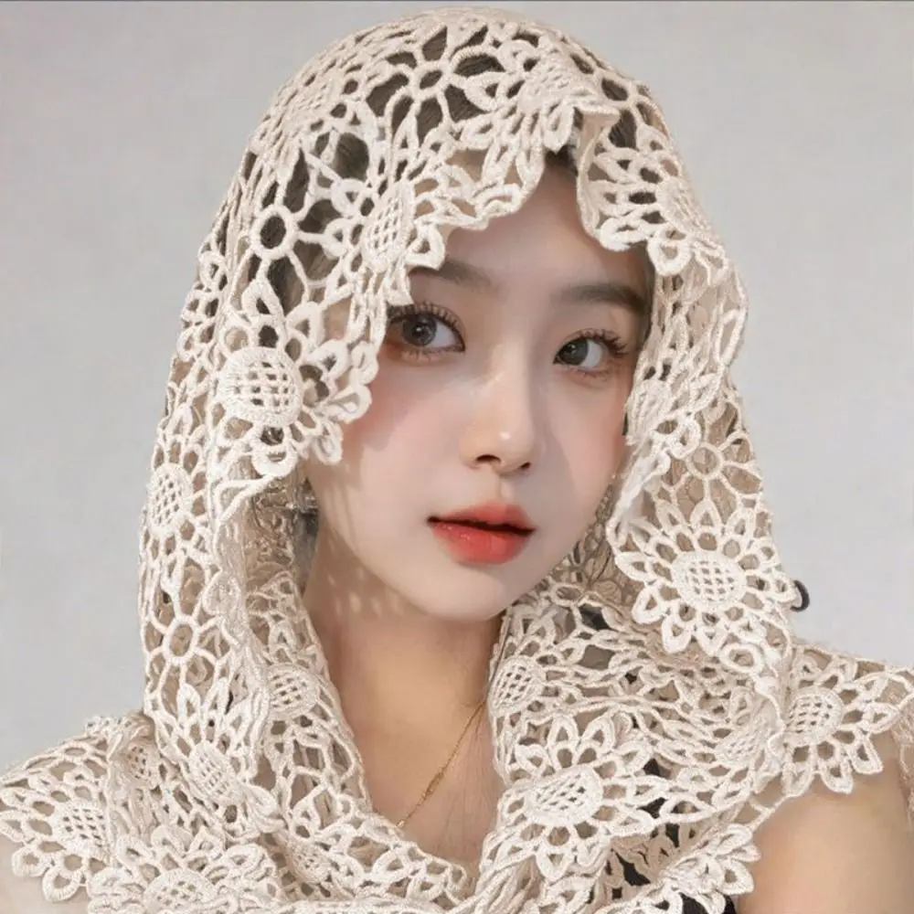 

Elegant Flower Hollow Out Crochet Shawl White Thin Lace Scarf Clothes Decoration Cloak Hooded Scarves Spring