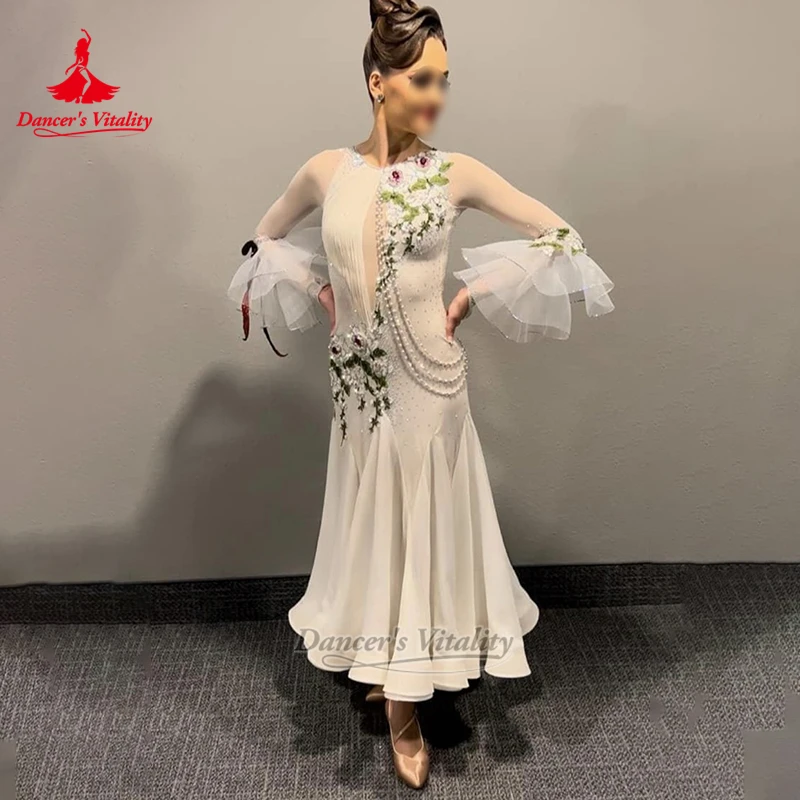 Social Dance Long Sleeves Dresses for Women Customized Adult&Teenagers Waltz Tango Foxtrot Wrapped Hip Attire Dancer's Vitality