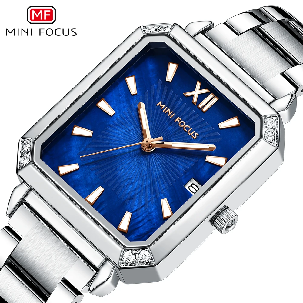 MINI FOCUS Fashion Business Quartz Watch for Women Silver Blue Simple Dial Calendar Stainless Steel Band Luxury Ladies Watches