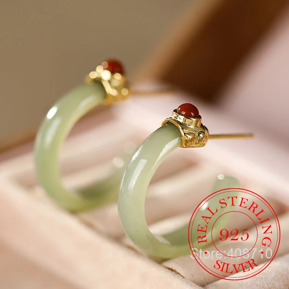 925 Sterling Silver Jewelry 18K Gold Plated Natural Jade "C" Style Stud Earrings for Women Wedding Party Jewelry for Friend Gift