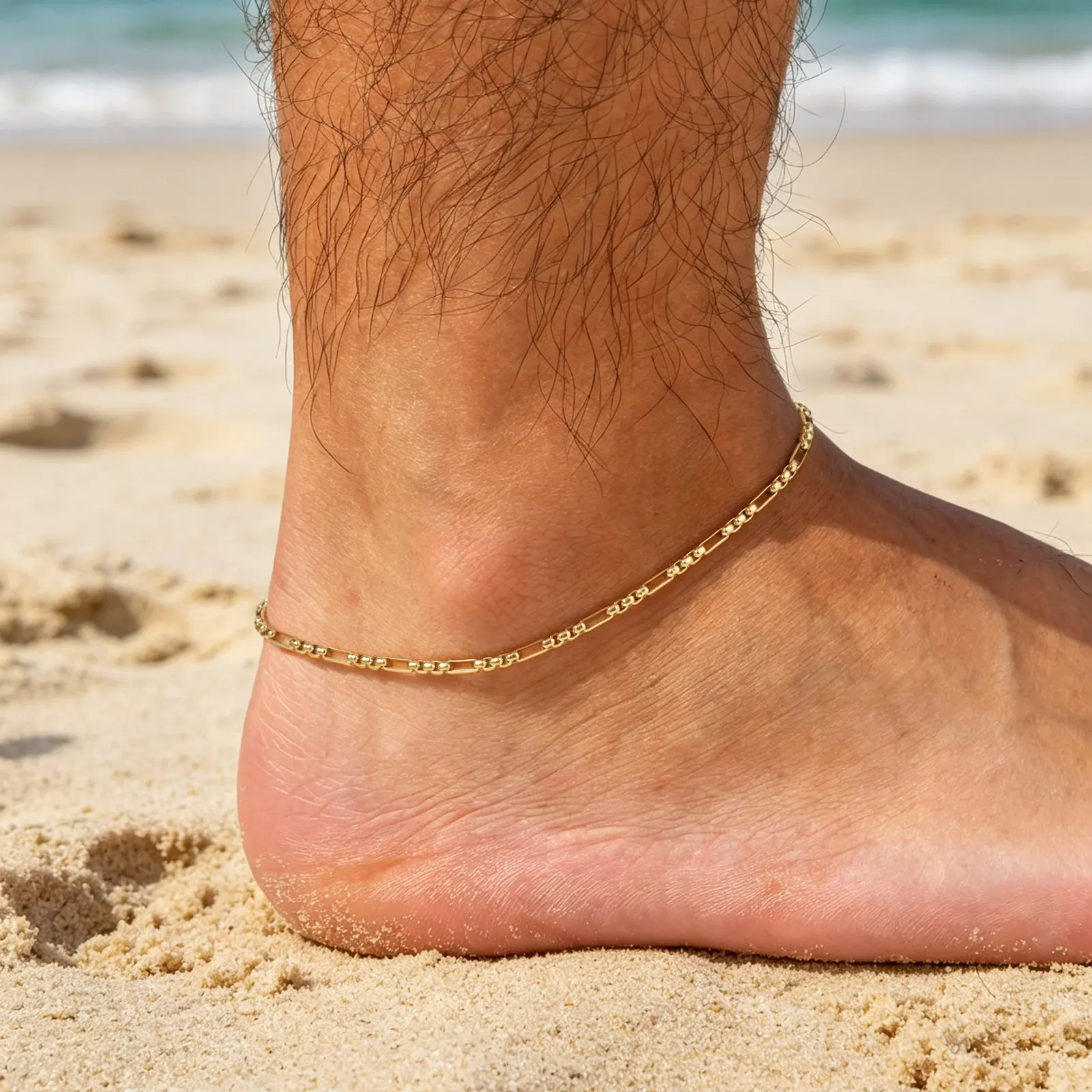 Vnox Edelstahl Fußkettchen in Goldfarbe für Männer, Verstellbare Gliederkette, Wasserdichter Strand-Fußschmuck, Urlaubsgeschenk – Detail 6