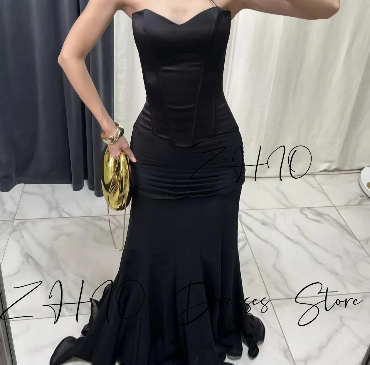 ZHIO elegante vestido de fiesta de boda de satén negro sin tirantes plisado Línea A hasta el suelo satén ocasión especial vestido de noche personalizado