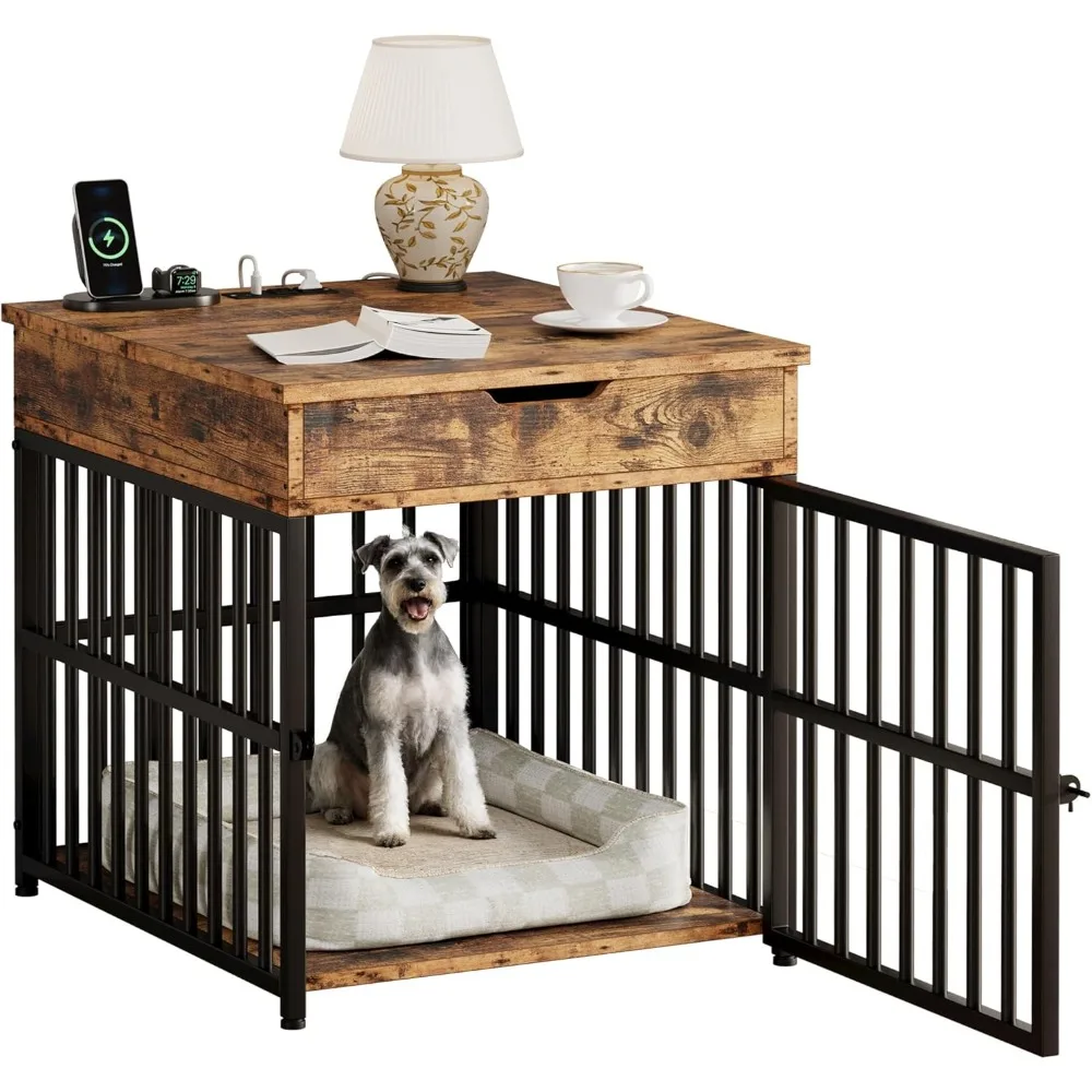 Móveis para cães pequenos, canil de madeira para cães com gaveta superior, mesa final interna para animais de estimação com estação de carregamento, s