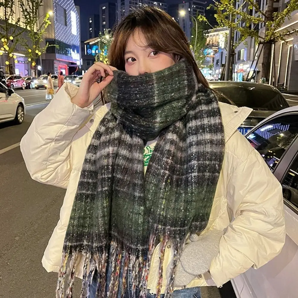 

Корейский стиль, клетчатый шарф из мохера, утолщенные длинные кисточки, зимняя кашемировая шаль, накидка на шею, глушитель, имитация кашемирового шарфа, подарки