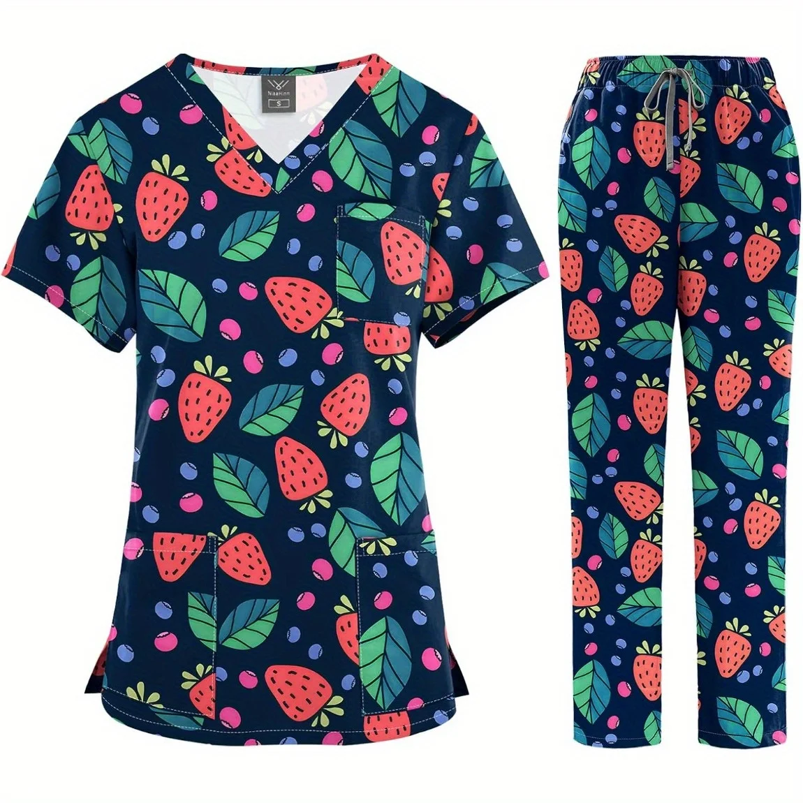 Printed Scrubs for Women Set - V-Neck Top and Pants with Pockets Nurse Uniform Comfortable Workwear