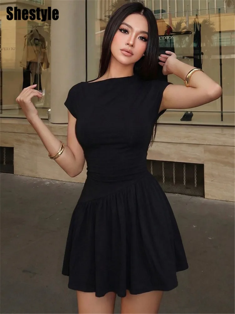 

Shestyle Pleated A-Line Elegant Dress Women Short Sleeve Incline Neck High Waist Bandage Claret Office Lady Outfits Date 2026