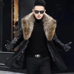 Men's Long Thick Cowhide Leather Trench Coat, Detachable Down Liner, Raccoon Fur Collar, Belted, Autumn, Winter